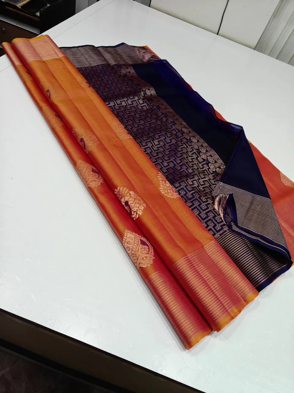 Coral Orange Geometric Jaal Zari Kanchipuram Soft Silk Saree
